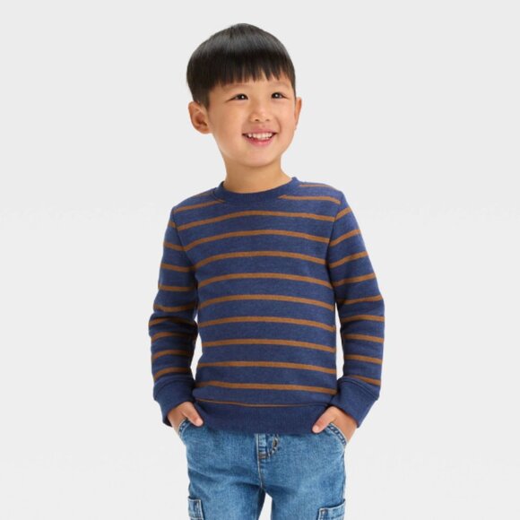 Cat & Jack Toddler Boys' Fleece Crewneck Sweatshirt Striped Size 2T  Navy - Picture 3 of 3